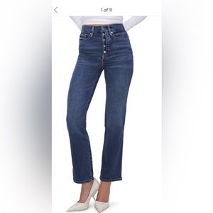 Good American.  Good curve exposed button high waist, straight leg jean.